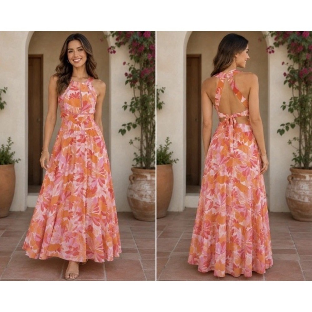 Abel the Label Anthropologie Rumi Maxi Dress Orange Pink Yellow Tie Back sz S